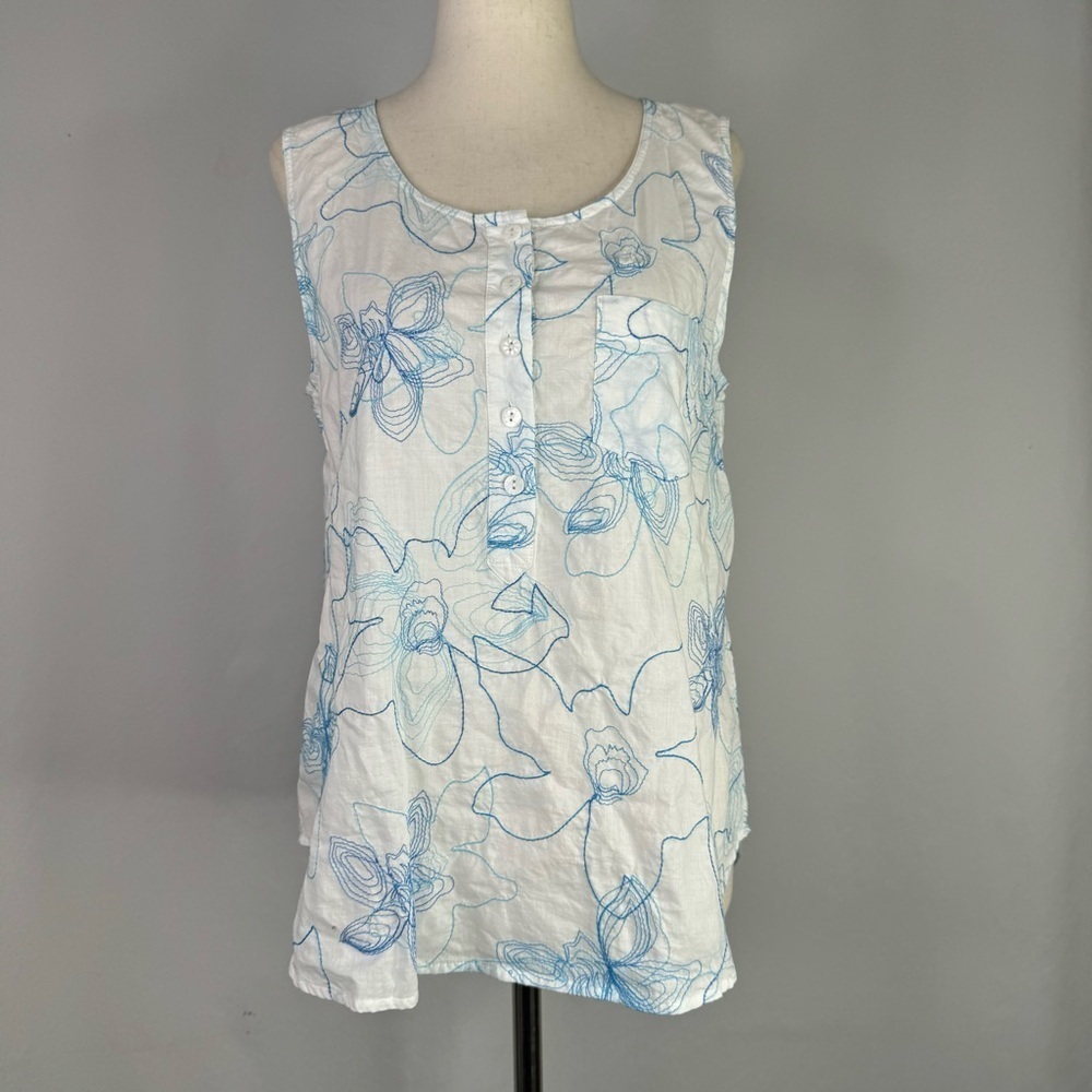 Jack Rogers blouse top sleeveless lightweight white cotton blue embroidery 8